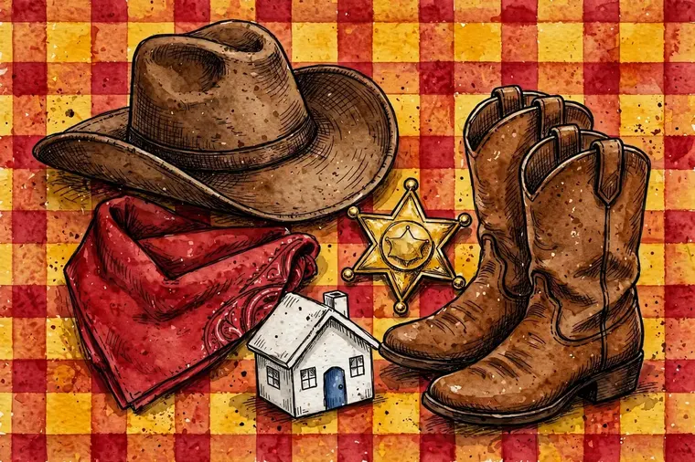 Companion artwork by Timmy: a cowboy still life — brown hat and boots, a folded red bandana, a gold sheriff star and a little white house — on a yellow-and-red plaid field