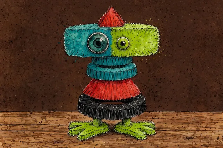 Companion artwork by Timmy: the bristle-block creature as an object study — ring-stacked neck, teal-and-lime head with two mismatched eyes, a red pyramid hat and spiky lime feet