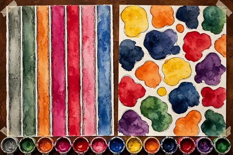 Companion artwork by Timmy: two taped paper sheets — one covered in rainbow stripes, the other in big blobby shapes — with a row of open paint pots along the bottom