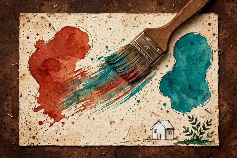 Companion artwork by Timmy: a wide paintbrush mid-stroke sweeping over bold rust-red and teal shapes, a small white house and a green plant painted at the sheet's edge