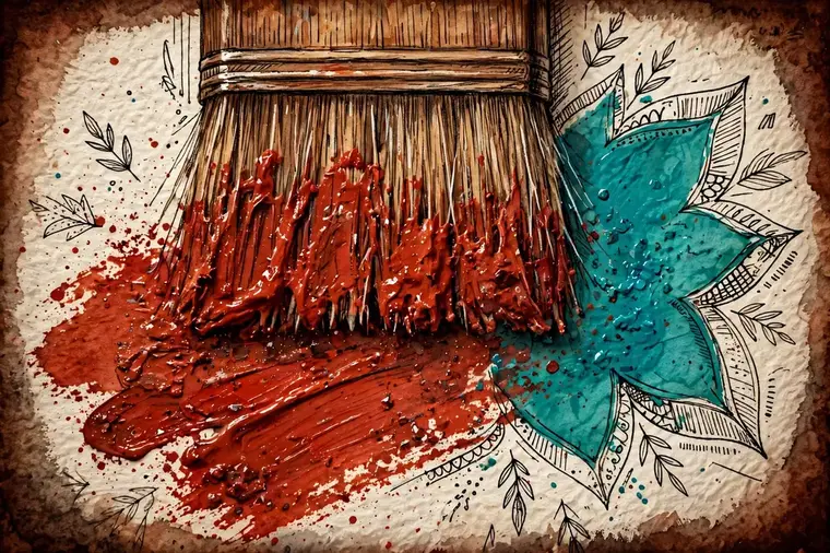 Companion artwork by Timmy: a close-up of the wide brush in the middle of a bold rust-red stroke, wet paint and bristle marks showing, a bright teal shape beside it