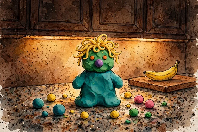 Companion artwork by Timmy: the play-doh figure as an object study — a rounded teal body, a green head, yellow play-doh hair, orange dot eyes and a purple ball nose — standing on a speckled granite counter with loose play-doh balls around it, dark cabinets above and a banana on a wooden board behind