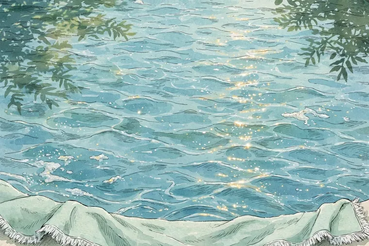 Companion artwork by Timmy: a full-frame field of sunlit pool water — aqua and turquoise ripples, sparse white foam and glinting light — with a pale mint-green towel with a white frayed edge draped along the bottom and dappled foliage shadows at the corners