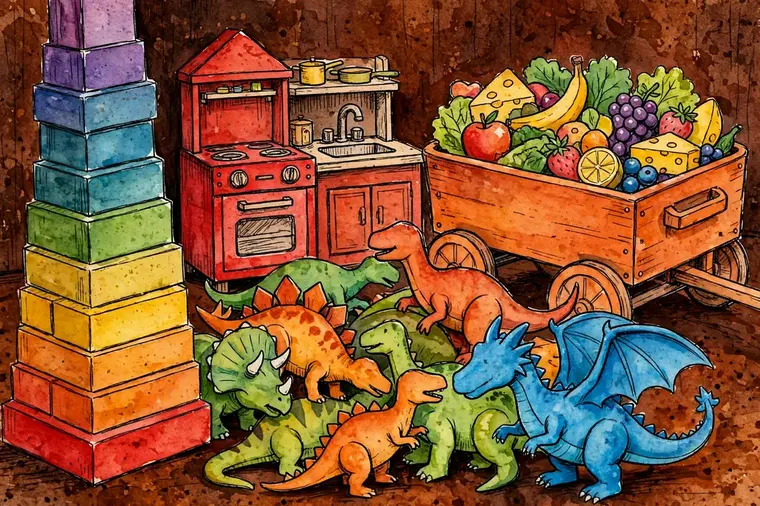 Companion artwork by Timmy: the play corner — a tall rainbow-brick tower, a red toy kitchen and an orange wagon full of play food, toy dinosaurs and a blue dragon heaped on the floor