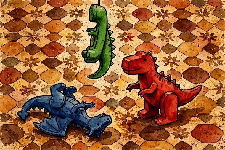 Companion artwork by Timmy: a small green dinosaur held up like a telephone, a red T. rex standing guard and a blue dragon tumbled beside them on a patterned tile floor