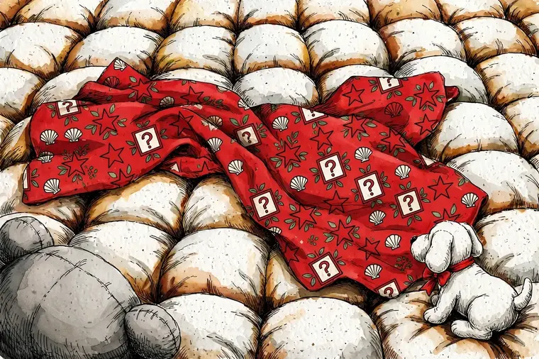 Companion artwork by Timmy: white couch cushions with a bold red fabric patterned with stars and shells draped across them, a white plush dog with a red bow and a big grey plush at the edge