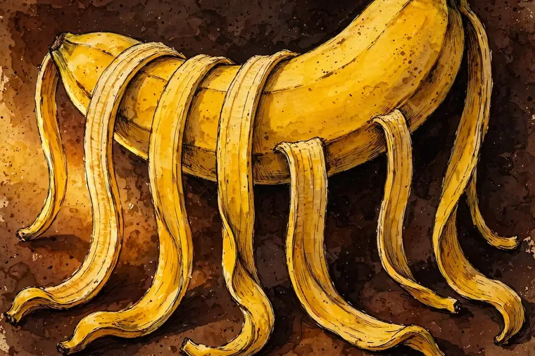 Companion artwork by Timmy: a single ripe banana large in the frame, its peel hanging down in long yellow strips, on a deep warm brown ground