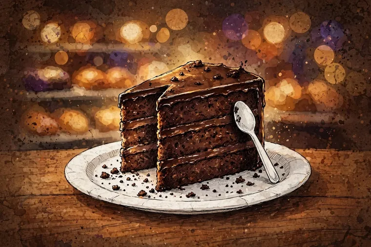 Companion artwork by Timmy: a tall slice of dark chocolate layer cake on a white paper plate on a warm wooden table, a small white plastic spoon leaning at the cut and crumbs scattered on the plate, the glow of a bakery display case soft behind
