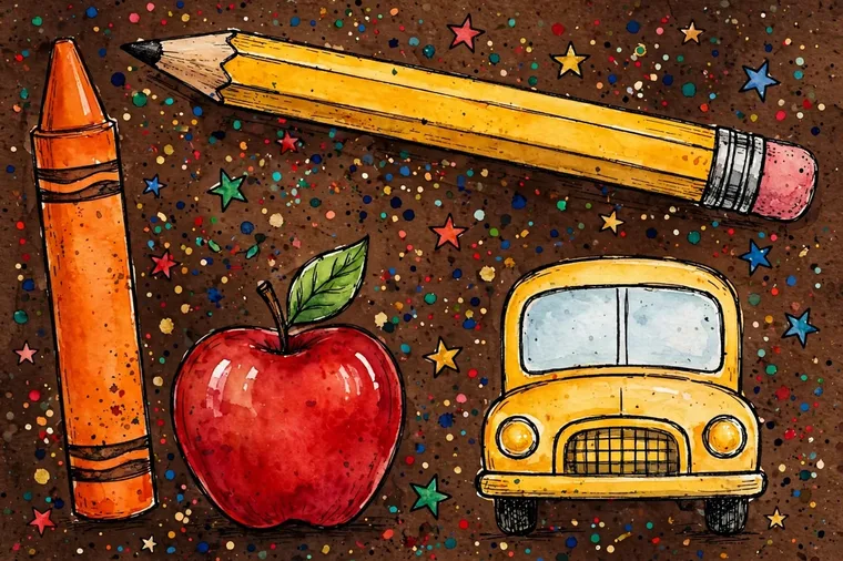 Companion artwork by Timmy: a school-day still life on a deep warm ground — a big yellow pencil lying diagonally across the top, an orange crayon standing upright, a plain red apple with a green leaf, and a small yellow school bus with a blank windshield, with painted stars and confetti scattered between them