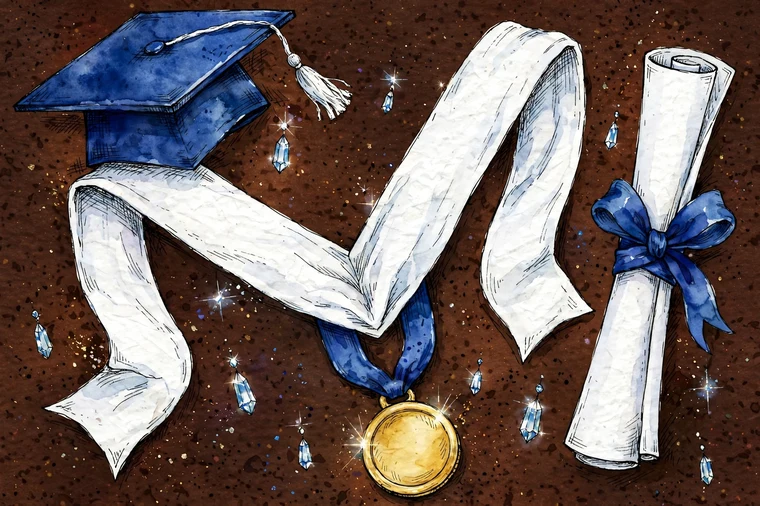 Companion artwork by Timmy: a graduation still life on a deep warm ground — a royal-blue mortarboard cap with a white tassel at the upper left, a plain white sash draped in a long V across the centre, a rolled white diploma tied with a royal-blue ribbon standing upright at the right, a round gold medal on a blue ribbon at the lower centre, and small crystal chandelier drops scattered between the objects