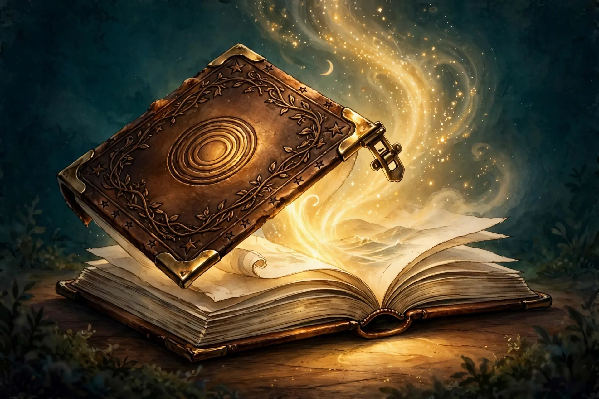 Un libro antiguo encuadernado en cuero, con esquinas de latón y el broche de latón abierto, en el momento de abrirse: la cubierta se levanta y una luz dorada y cálida sale de entre sus páginas, con estrellas, una luna fina, colinas suaves y pequeñas olas insinuadas en la luz